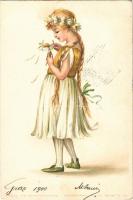1900 Children art postcard, girl with flowers. Theo. Stroefers Kunstverlag. Aquarell-Postkarte Serie IV. (Kinder) No. 394. (EK)