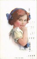 1915 "I will be good" Children art postcard, girl. The Carlton Publishing Co. Series No. 708/6. s: C. W. Barber