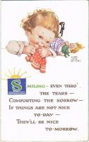 "Smiling even thro' the tears" Children art postcard, girl crying. Valentine & Sons Ltd. 560. s: Mabel Lucie Attwell (EK)