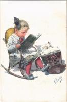 Children art postcard, girl in rocking chair. B.K.W.I. 153/1. s: K. Feiertag (fl)