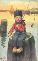 Children art postcard, fisher boy. B.K.W.I. 158-6. s: K. Feiertag (EK)