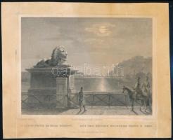 cca 1850 Ludwig Rohbock (1820-1883): A hídon (Lánchíd) Pest és Buda között, acélmetszet, jelzett a metszeten, szélén foltos / Steel engraving, 13×19 cm