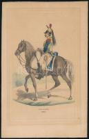 Huszárok, lovas katonák a történelemben 7 db színezett fametszet kartonon. cca 1860. 17x26 cm