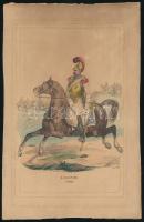 Huszárok, lovas katonák a történelemben 7 db színezett fametszet kartonon. cca 1860. 17x26 cm