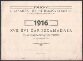 1916 A Pozsonyi I. Takarék- és Hitelszövetkezet 1916. évi zárószámadása és az igazgatóság jelentése, 8p