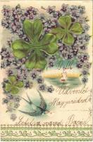 1902 Art Nouveau, floral, Emb. litho greeting art postcard (vágott / cut)