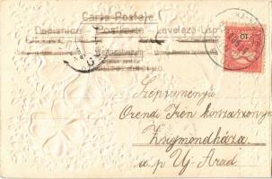 1902 Art Nouveau, floral, Emb. litho greeting art postcard (vágott / cut)