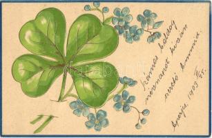 1903 Art Nouveau, floral, Emb. litho greeting art postcard with clover (lyuk / pinhole)