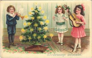 Karácsonyi üdvözlet / Christmas greeting art postcard, children around the Christmas tree. G.G.K. No. 513. litho (EK)