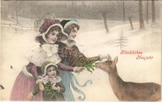 1907 Glückliches Neujahr! / New Year greeting art postcard, ladies with deer (EK)
