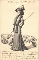 1901 New Year greeting art postcard, lady with pigs (apró szakadás / tiny tear)