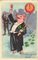 Boldog Újévet! / New Year greeting art postcard, pig with champagne, clovers, chimney sweeper and balloon clock