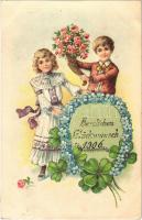 1906 Herzlichen Glückwunsch! / Greeting art postcard with children and clovers. Floral, Emb. litho (lyuk / pinhole)