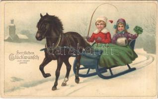 Herzlichen Glückwunsch zum neuen Jahre! / New Year greeting art postcard, horse sleigh. M.S.i.B. 1725. litho (ázott / wet damage)