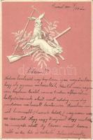 1901 Easter greeting art postcard with rabbits and rifle. Schmidt Edgar No. 101.Emb. litho (lyukak / pinholes)