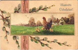 1909 Húsvéti üdvözlet! / Easter greeting art postcard, chicken. Art Nouveau, Emb. litho (EK)