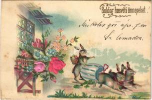 1901 Boldog húsvéti ünnepeket / Easter greeting art postcard, rabbits, silk. Art Nouveau, floral, Emb. litho (fl)