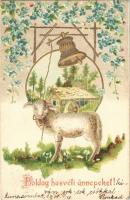 1908 Boldog húsvéti ünnepeket / Easter greeting art postcard, sheep. Art Nouveau, floral, Emb. litho