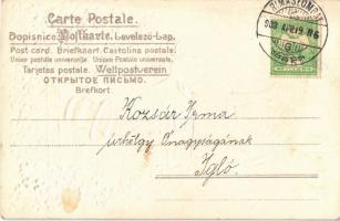 1908 Boldog húsvéti ünnepeket / Húsvéti üdvözlőlap, bárány. Art Nouveau, virágos, Emb. litho 1908 Ha...