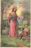 Boldog húsvéti ünnepeket / Easter greeting art postcard, Jesus with sheep and children (felületi sérülés / surface damage)