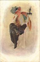 1917 Lady art postcard, chimney sweeper s: K. Simunka (fl)