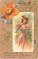 1900 Lady art postcard. Art Nouveau, floral, Emb. litho (lyuk / pinhole)