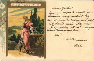 1899 Sehnsucht / Lady art postcard. Ottmar Zieher Art Nouveau, floral, litho (EK)