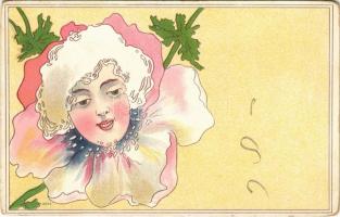 Art Nouveau lady art postcard, flower head. litho (kopott sarkak / worn corners)