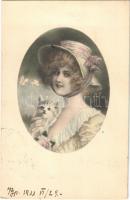 1911 Lady art postcard, lady with cat. M. Munk Vienne Nr. 2240. s: R. R. v. Wichera (EK)