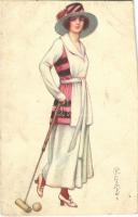 Italian lady art postcard, croquet. Uff. Rev. Stampa 974-6. s: Colombo (vágott / cut)