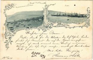 1898 Izmir, Smyrne; Vue generale du port et de la Douane, Le port / port, boats, steamship. Kretzschmar & Schatz Art Nouveau, floral (fl)