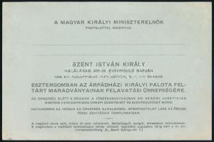 1938 Kitöltetlen miniszterelnöki meghívó a Szent István király halála 900. évfordulója napján az esztergomi Árpád-házi királyi palota feltárt maradványainak felavatási ünnepségére