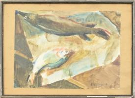 Schönberger A jelzéssel: Halak. Akvarell, papír, kartonra kasírozva. Üvegezett, kissé sérült fa keretben. 25x32 cm