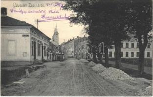 1905 Zsolna, Zilina; utca, korcsma, kocsma. Biel és Jellinek kiadása / street, beer hall + RAJECZ-ZSOLNA 308. vasúti mozgóposta