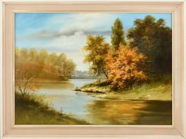 Kalcsó József (1952-): Folyópart. Olaj, farost, jelzett, hátoldalán autográf felirattal, fa keretben...