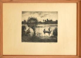 Fehér Ilona (1913-1983): Halászok. Rézkarc, papír, jelzett, lapszéli apró foltokkal, üvegezett fa keretben, 24×29 cm