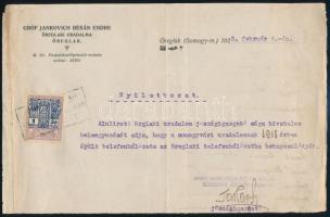 1923 Öreglak, Gróf Jankovich Bésán Endre öreglaki uradalma által kiállított nyilatkozat telefonhálózatba való bekapcsolódásról, okmánybélyeggel