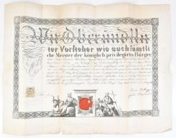 1856 Verseg, német nyelvű oklevél 30 kr C.M. okmánybélyeggel, sérült viaszpecséttel