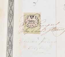 1856 Verseg, német nyelvű oklevél 30 kr C.M. okmánybélyeggel, sérült viaszpecséttel