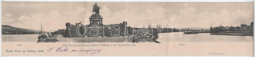 1900 Koblenz, Coblenz; Rhein, Mosel, Das Provinzial-Denkmal Kaiser Wilhelm I am Deutschen Eck / statue. 3-tiled folding panoramacard (bent til broken)