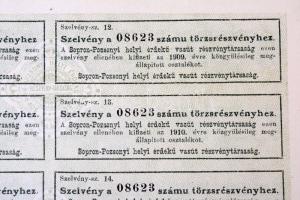 Budapest 1897. "Sopron-Pozsonyi helyi érdekű vasút részvény társaság" törzsrészvénye 100Ft...