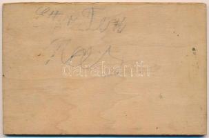 Nyitra, Nitra; Fő tér, szobor, piaci árusok. Képeslap fára ragasztva, átfestve / main square, market...