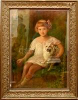 Wünsche Rezső (?-?), működött 1890-1910 körül: Kislány a kutyájával. Olaj, karton, jelzett. Szecessz...