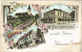 1906 Hausbrunn, Schule, Kirche, Gasthaus Ribisch / school, church, restaurant. F. Pateisky phot. Art Nouveau, floral, litho (r)