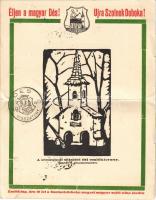 1940 Dés, Dej; Éljen a magyar Dés! Újra Szolnok Doboka! A lerombolt sétatéri ősi emléktorony. Uncze J. linómetszete. Emléklap, ára 10 lei a Szolnokdoboka megyei magyar sajtó-alap javára. Kihajtható irredenta képeslap / Destroyed tower. Folding irredenta postcard for the entry of the Hungarian troops + So. Stpl (apró szakadás / small tear)