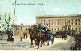 Stockholm, The Royal Castle, tram, horse-drawn carriages. Axel Eliassons Konstförlag No. 3348. (EK)