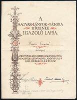 cca 1930 A Magyar Lányok Tábora híveinek igazoló lapja, nyomtatott aláírásokkal (Kosáryné Réz Lola és Tutsek Anna)