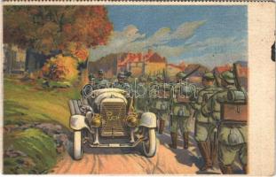 1916 Osztrák-magyar tisztek Puch automobilban Maubeuge előtt; Puch Művek Rt reklámlapja. Graz / Puchwerke A.G. Graz / Puch Works automobile advertisement, K.u.K. soldiers in a Puch automobile (fa)