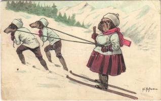 1920 Síelő kutya asszonyság tacskókkal huzatja magát, téli sport, humor / Skiing dog lady drawn by Dachshund dogs, winter sport. A.R. & C.i.B. 314.s: Ad. Hoffmann (r)