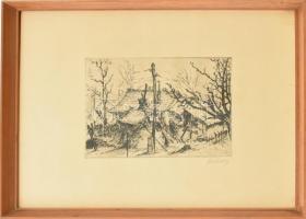 Remsey Jenő (1885-1970): Utcarészlet. Rézkarc, papír, jelzett, üvegezett fa keretben, 19,5x29 cm.